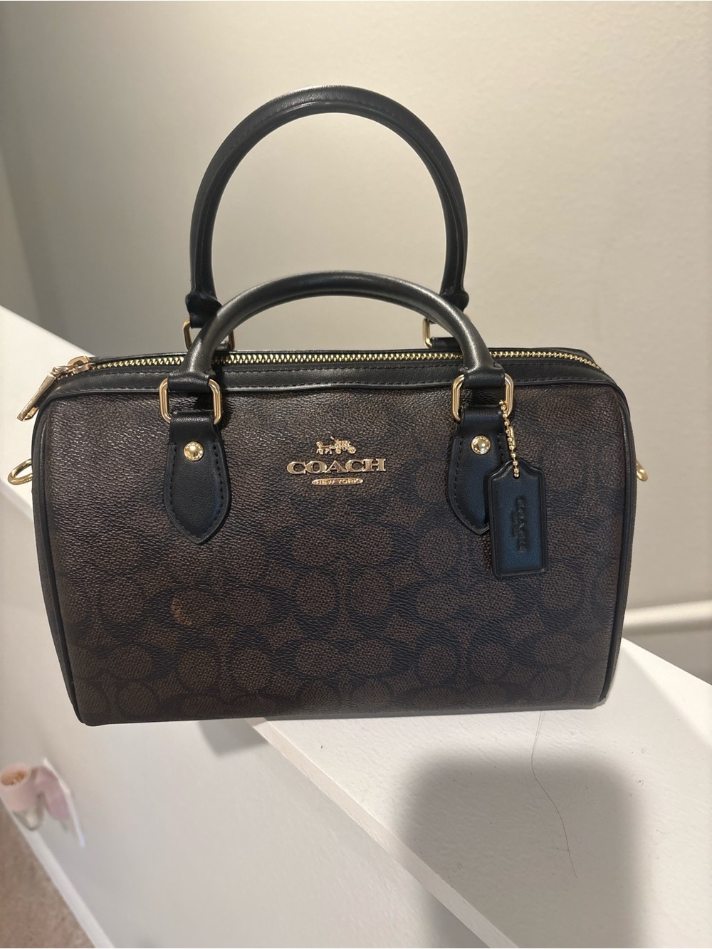 Coach Signature Satchel Brown Black Gold Hardware Crossbody Bag with wallet